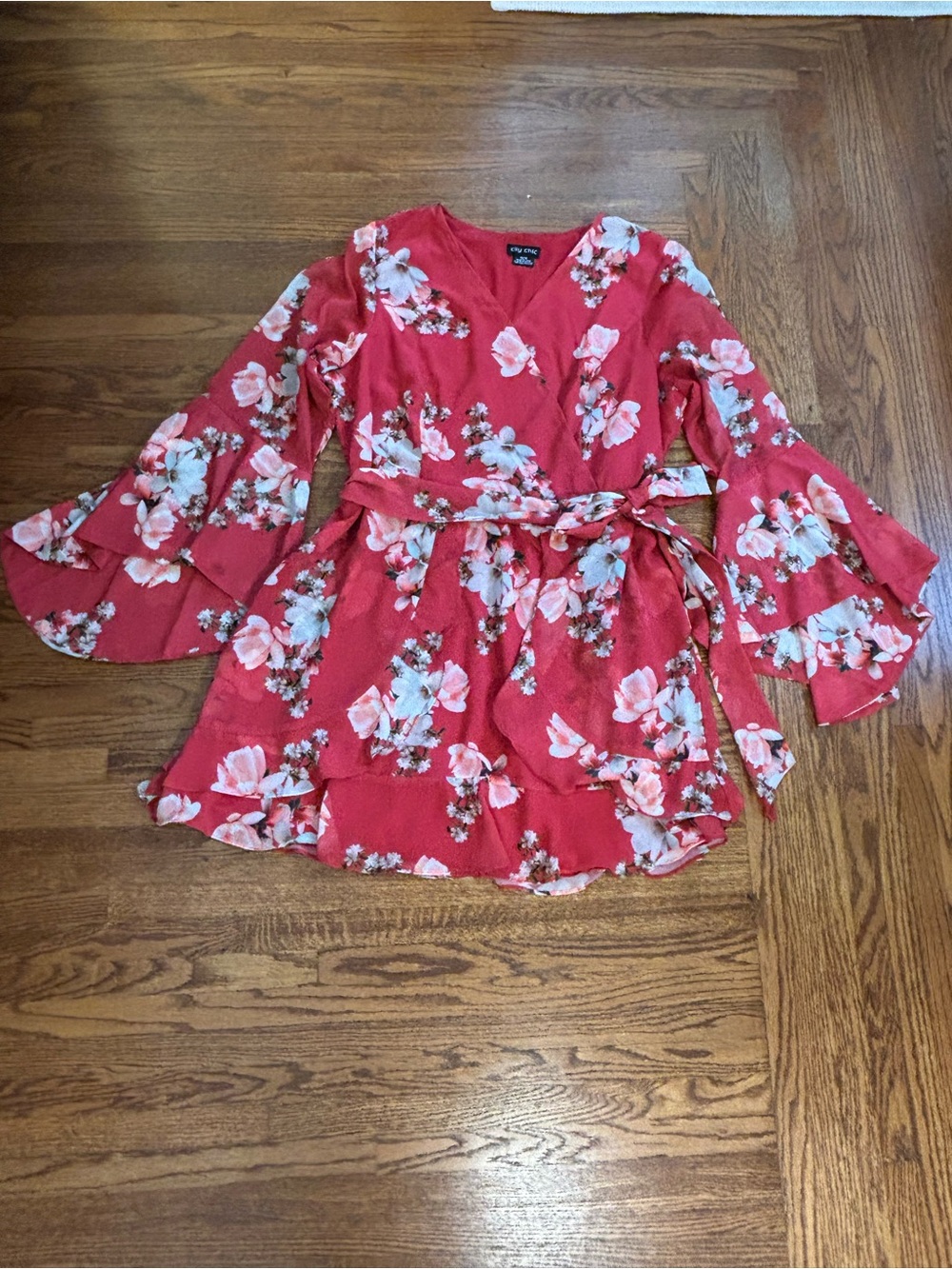 City Chic Red Floral Wrap Dress with Bell Sleeves - Size 18
